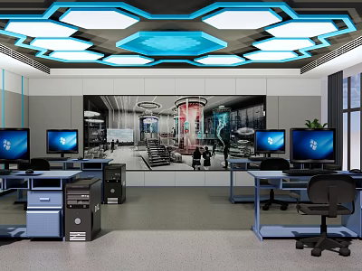 Modern School Computer Classroom With Multiple Computers And Large Screen Background 3d model