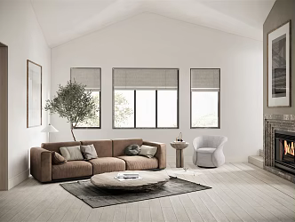 Modern Living Room Home Living Room Lounge Multi-person Sofa Single-person Sofa Log Tea Table Side Table Plant Ornaments 3d model