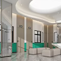 Modern Public Lobby Interior With Green Beige Walls Glass Partitions Sofa Seats And Reception Desk