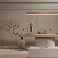 Modern Tea Room Interior With Long Table Hanging Light Wooden Bookshelf And Decorative Ornaments