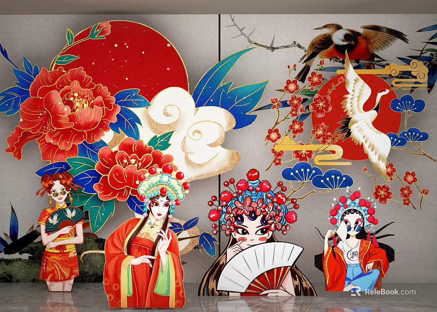 Traditional Chinese Decorative Art With Opera Figures Peony Flowers Crane And Cloud Patterns 3d model 