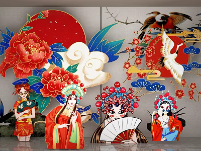 Traditional Chinese Decorative Art With Opera Figures Peony Flowers Crane And Cloud Patterns 3d model