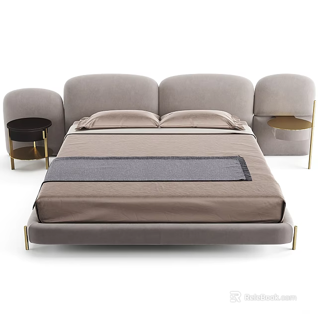 Light Gray Double Bed with Unique Headboard and Gold Leg Nightstands 3d model 