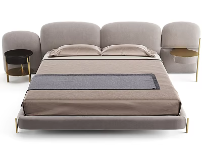Light Gray Double Bed with Unique Headboard and Gold Leg Nightstands 3d model