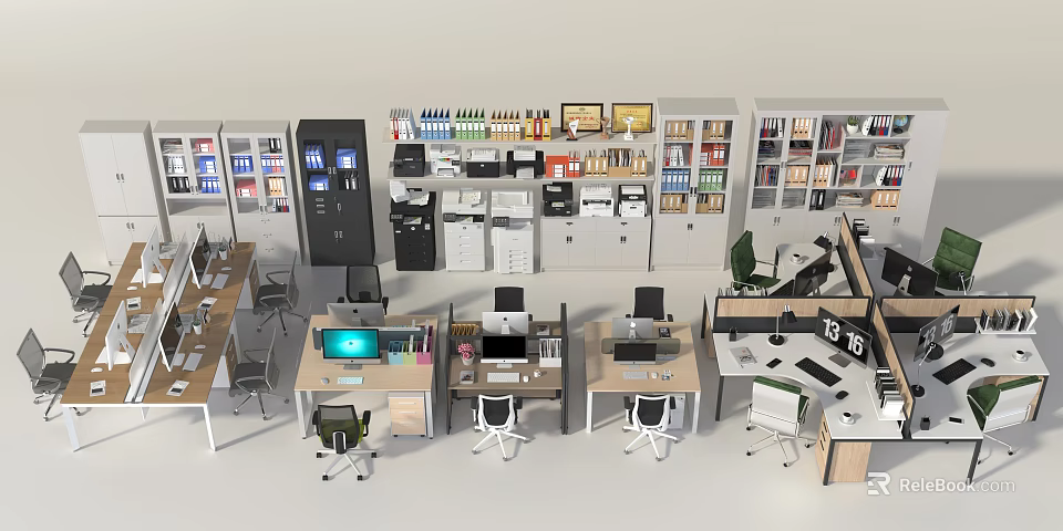 Modern Office Workspace With Multiple Desks Computers Chairs And Storage Cabinets 3d model 