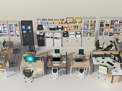 Modern Office Workspace With Multiple Desks Computers Chairs And Storage Cabinets 3d model