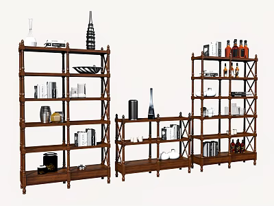 Wooden Shelving Units For Home Storage Displaying Decorative Bottles Cups And Ornaments 3d model