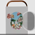 Artistic Floral Display In White Box With Brown Handle Circular Cutout And Open Mesh Lid