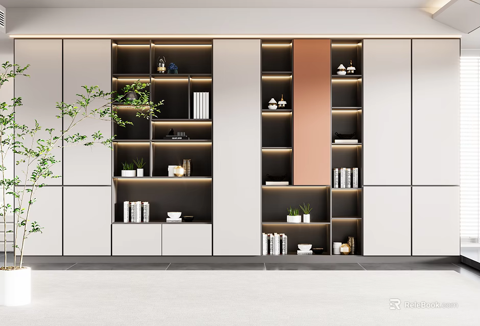 Modern Bookcase Storage Design With Open Shelves Books Decorative Items And Potted Plants 3d model 
