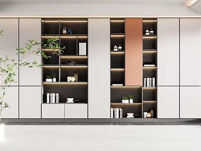 Modern Bookcase Storage Design With Open Shelves Books Decorative Items And Potted Plants 3d model