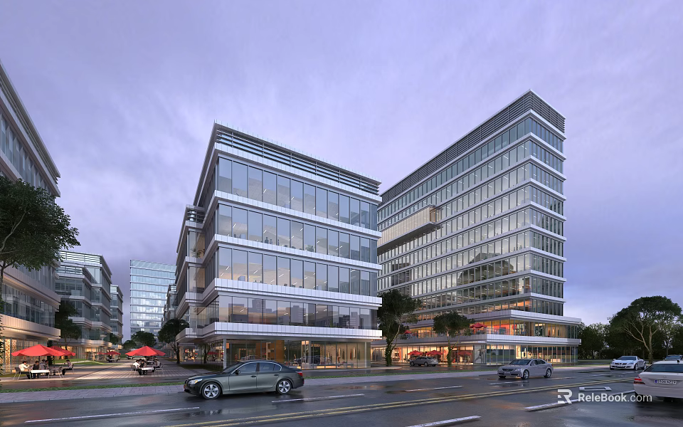 Modern High Rise Office Building With Glass Curtain Walls And Commercial Street Entrances 3d model 