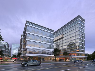 Modern High Rise Office Building With Glass Curtain Walls And Commercial Street Entrances 3d model