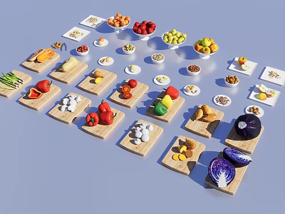Various Fresh Foods Displayed On Wooden Cutting Boards And Plates With Fruits Vegetables And Nuts 3d model