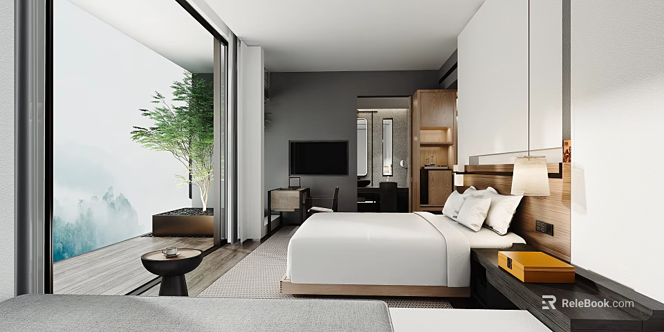 Modern Hotel Room Interior With Large Windows Greenery View Wooden Accents And White Bedding 3d model 