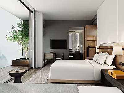 Modern Hotel Room Interior With Large Windows Greenery View Wooden Accents And White Bedding 3d model