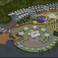 Scenic Garden Landscape Design With Circular Plaza Pavilions Water Area Boats And Greenery
