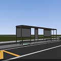 Modern Bus Stop with Shelter Benches Billboards Lamp Trash Bins Under Blue Sky Green Grass