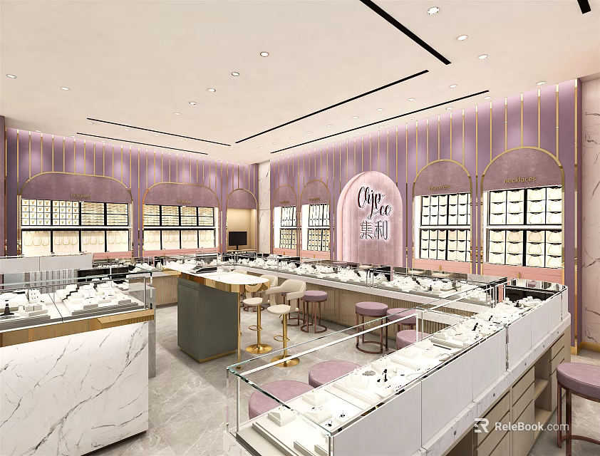 Elegant Jewelry Store Interior With Pink Walls Marble Counters And Display Cases 3d model 