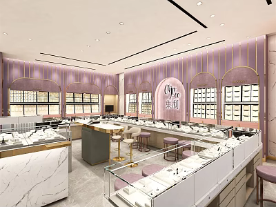 Elegant Jewelry Store Interior With Pink Walls Marble Counters And Display Cases 3d model