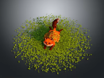 Adorable Orange Fox Resting On Green Leaves Surrounded By Fresh Natural Foliage 3d model