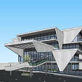 Modern Sales Office Building Exterior With Geometric Glass Facade And Cantilevered Design