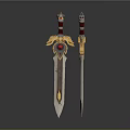 Ornate Double Bladed Sword With Golden Accents Red Gemstones And Metallic Shine