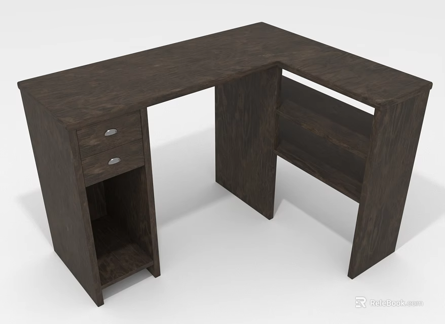 Dark Brown Wooden L Shaped Desk With Drawer And Open Shelves For Home Office 3d model 
