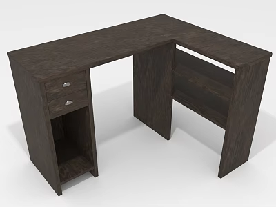 Dark Brown Wooden L Shaped Desk With Drawer And Open Shelves For Home Office 3d model