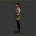 Man Standing In Dark Background With Beige Trench Coat Black T-shirt And Brown Boots