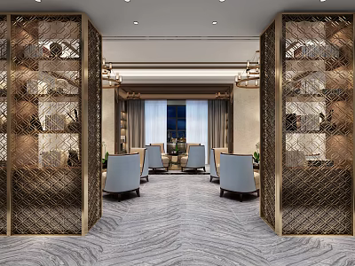 Elegant Hotel Public Lounge Area With Golden Screens Gray Chairs And Chandeliers 3d model