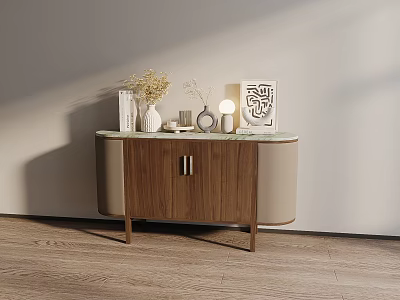 Modern Sleek Wooden Sideboard With Marble Top Decorative Vases Dried Flowers And Artwork 3d model