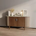 Modern Sleek Wooden Sideboard With Marble Top Decorative Vases Dried Flowers And Artwork