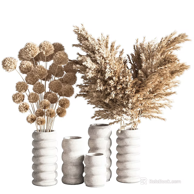 Beautiful Textured White Ceramic Vases With Dried Flowers For Home Decor 3d model 