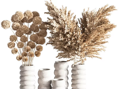 Beautiful Textured White Ceramic Vases With Dried Flowers For Home Decor 3d model