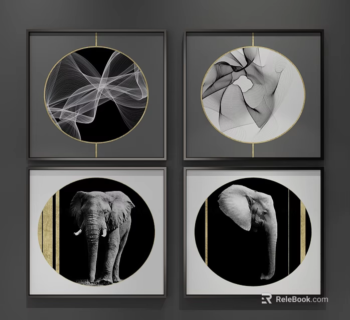 Black And White Elephant Abstract Pattern Wall Art With Gold Accented Frames 3d model
