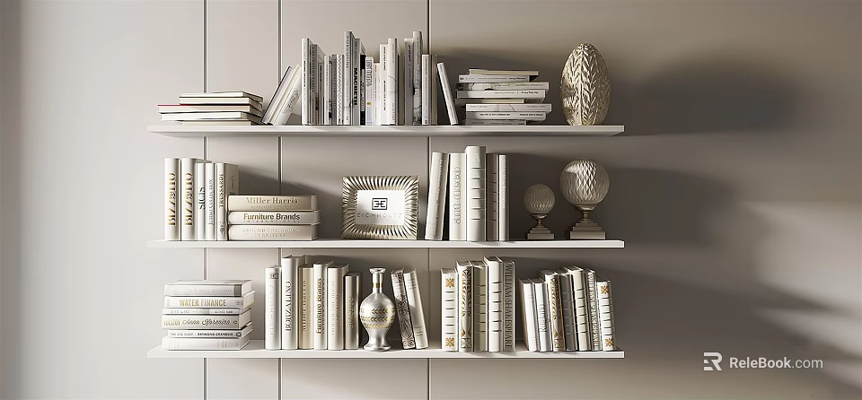 White Bookshelf With Collection Of Books Photo Frame Vase And Spherical Decor 3d model 
