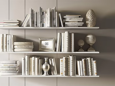 White Bookshelf With Collection Of Books Photo Frame Vase And Spherical Decor 3d model