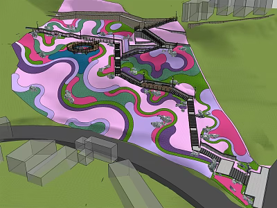 Park Landscape Design Featuring Winding Paths Colorful Green And Pink Areas Walkways And Surrounding Buildings 3d model