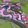 Park Landscape Design Featuring Winding Paths Colorful Green And Pink Areas Walkways And Surrounding Buildings