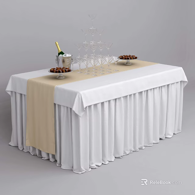 Elegant Dining Table with White Tablecloth Beige Runner Champagne Glassware Stand and Nut Bowls 3d model 