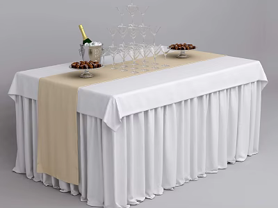 Elegant Dining Table with White Tablecloth Beige Runner Champagne Glassware Stand and Nut Bowls 3d model