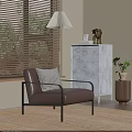 Single Leather Sofa With Metal Frame Near Marble Chest Floor Lamp And Blinds