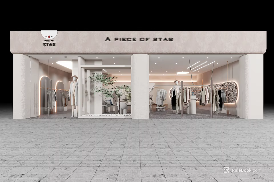 Modern Luxury Clothing Store With Window Display Mannequins Green Plants Lighting And Marble 3d model 
