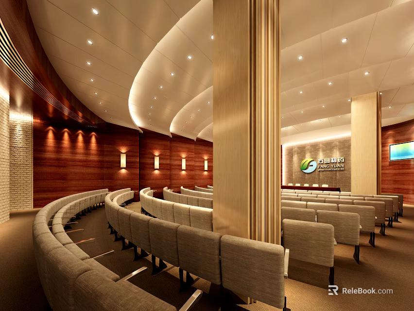 Modern Conference Room Interior With Curved Seating Wooden Walls Ceiling Lighting Logo And Screen 3d model 