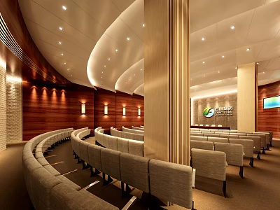 Modern Conference Room Interior With Curved Seating Wooden Walls Ceiling Lighting Logo And Screen 3d model