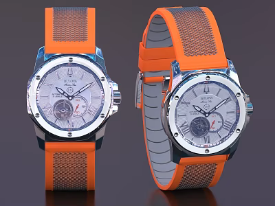 Modern Wrist Watches with Orange Mesh Straps and Silver Dials Design 3d model