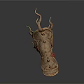Pair of Ancient Metal Arm Weapons With Decorative Horns And Red Straps