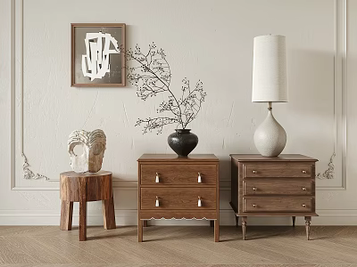 Classic Wooden Bedside Tables With Drawers White Lamp Black Vase Branches Sculpture Framed Wall Art 3d model