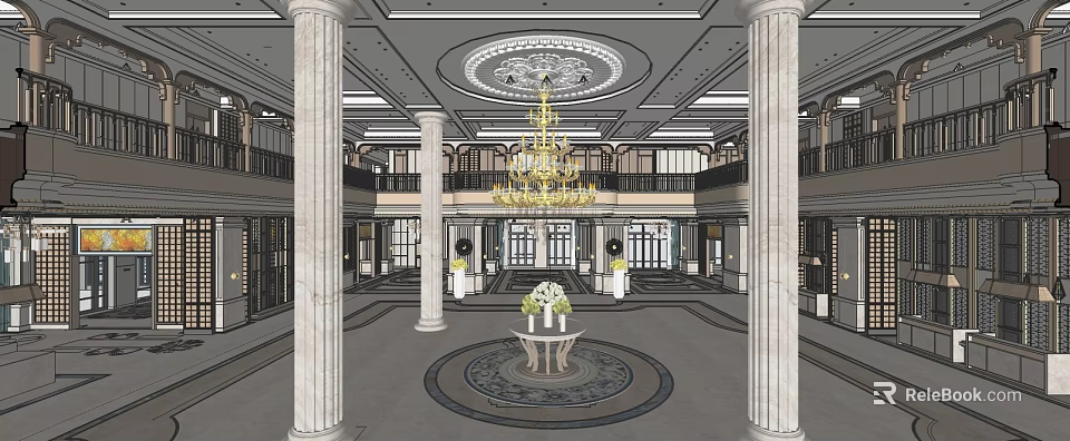 Elegant Hotel Lobby Interior With Marble Columns Grand Chandelier And Central Floral Table 3d model 