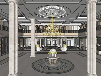 Elegant Hotel Lobby Interior With Marble Columns Grand Chandelier And Central Floral Table 3d model